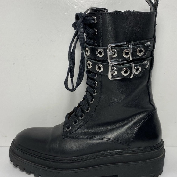 ZARA Black Leather Combat Boots Double Buckle Grommet Lace Up Lug Sole Size 7.5 - Picture 6 of 16